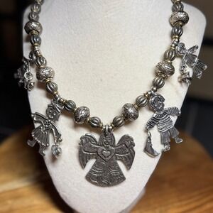 Mancini Charity Angel &nChildren Charm Necklace Pewter Artisan Beaded Signed